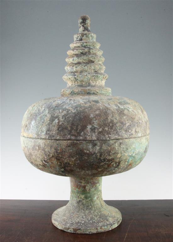 A large Chinese bronze reliquary, Tang dynasty, 61cm